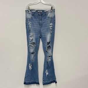 Stylish Distressed Blue Flare Jeans